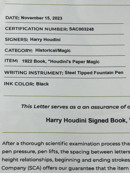 Harry Houdini Autographed copy of Houdinis Paper Magic with COA